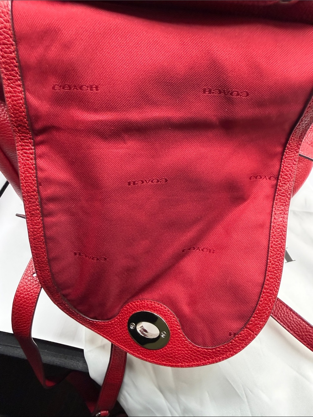 Coach Red Pebbled Leather Drawstring Backpack with Front Pockets - Picture 14 of 16